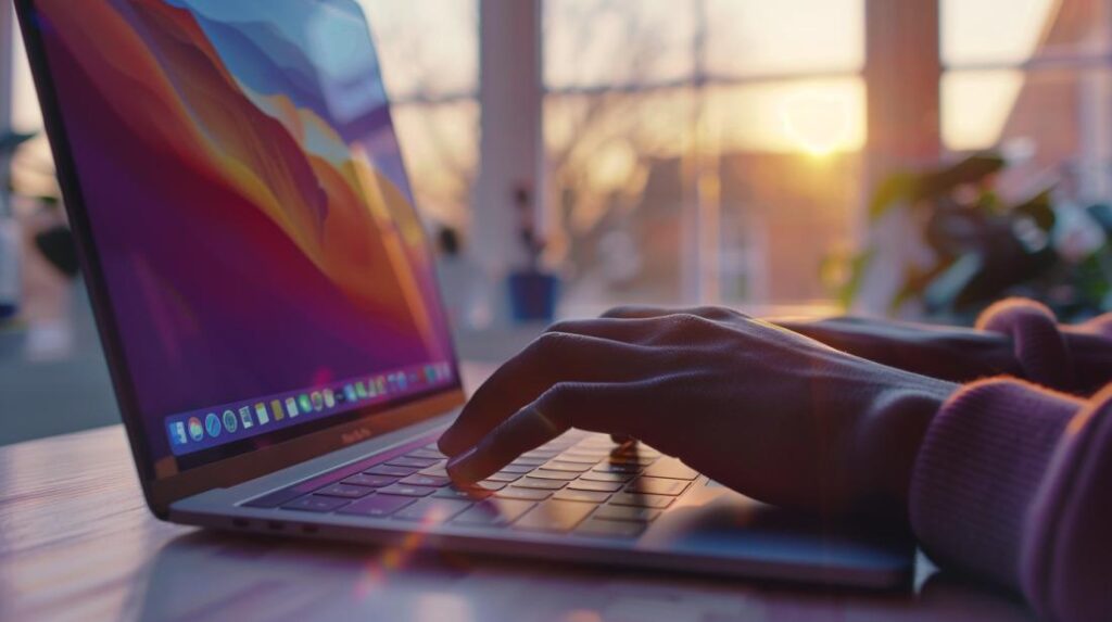 Fotografia dettagliata di mani che configurano gli accenti sulla tastiera di un MacBook Pro con luce naturale.
