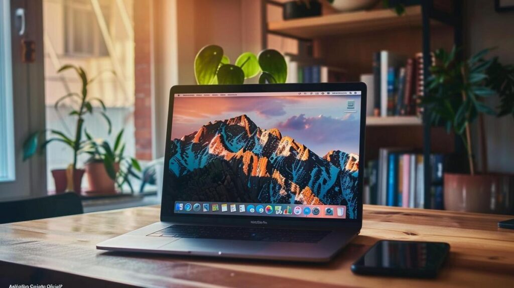 MacBook moderno con Gmail aperto, su un tavolo in legno minimalista, illuminato da luce naturale.