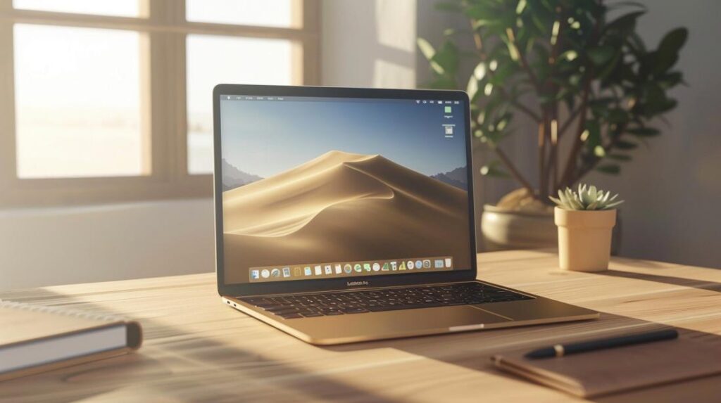 Fotografia iperrealistica di un MacBook ricondizionato in un ambiente moderno con eleganti accessori da ufficio.