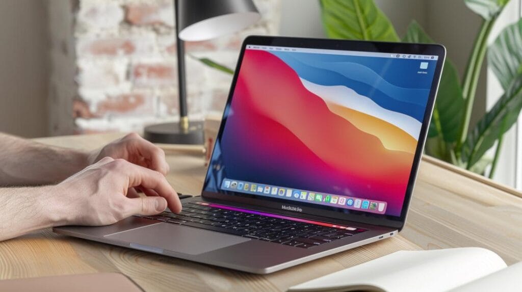Fotografia iperrealistica di un MacBook Pro in un ufficio moderno e accogliente.