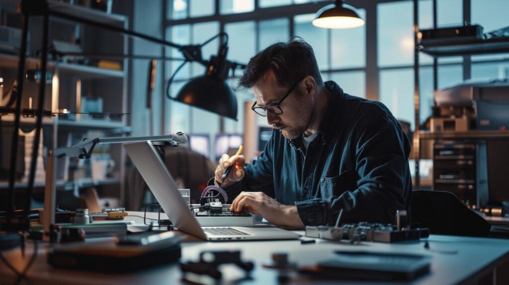 Tecnico che ispeziona con attenzione la batteria di un MacBook Pro 13 in un ambiente ben illuminato.