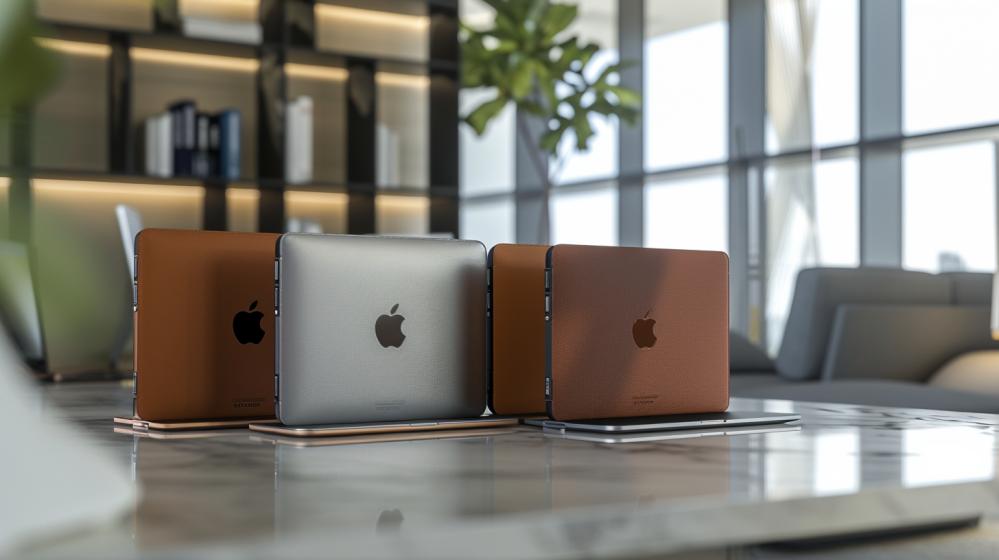 Fotografia iperrealistica di custodie premium per MacBook su un tavolo minimalista in un ufficio moderno.
