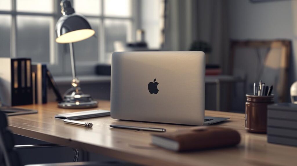 Fotografia iperrealistica di uno spazio di lavoro moderno con MacBook Air 13, custodia elegante e accessori minimalisti.