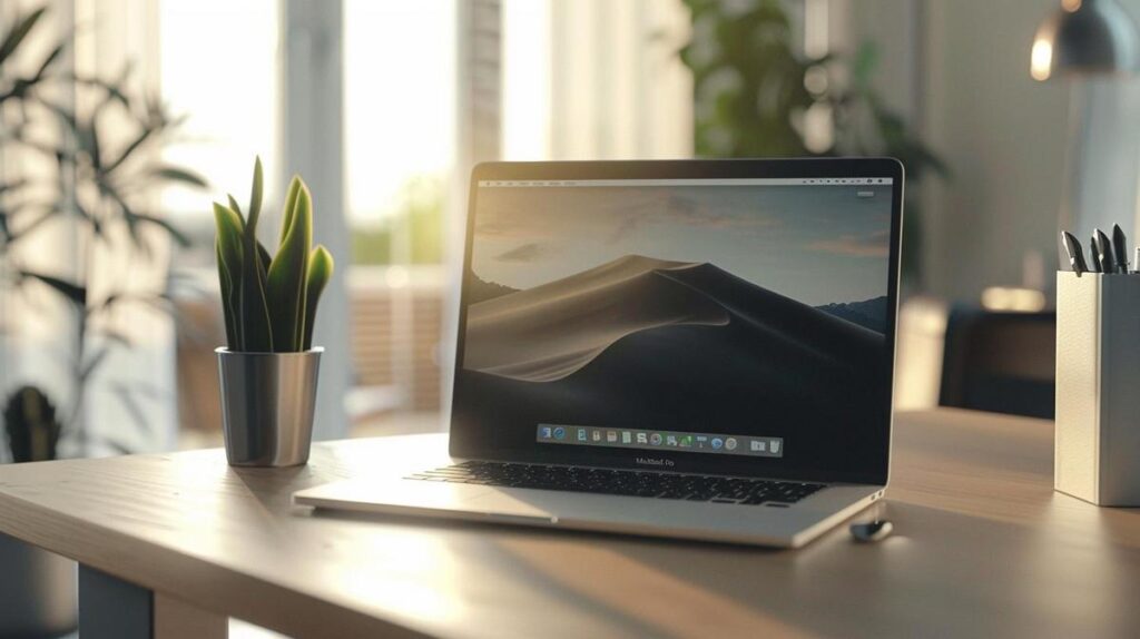 Fotografia iperrealistica di un MacBook Pro moderno su una postazione di lavoro minimalista da start-up.