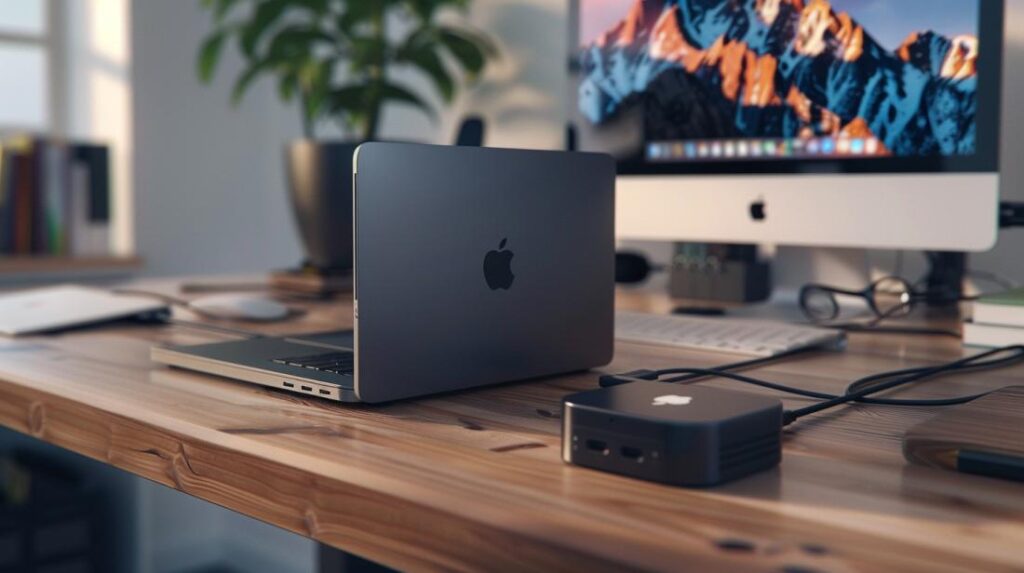 Postazione di lavoro moderna con Mac Mini e MacBook Pro collegati su un elegante tavolo in legno.