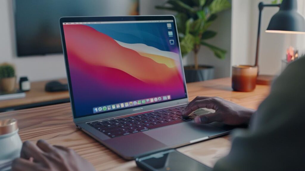 Foto iperrealistica di una scrivania moderna con MacBook Pro e mani che copiano del testo.