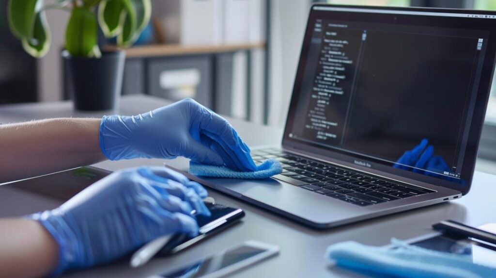 Fotografia iperrealistica della pulizia accurata di un MacBook in uno spazio di lavoro minimalista.