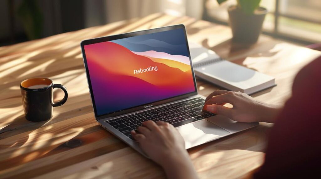 Fotografia realistica di un MacBook Air che si riavvia su una scrivania moderna con luce naturale.