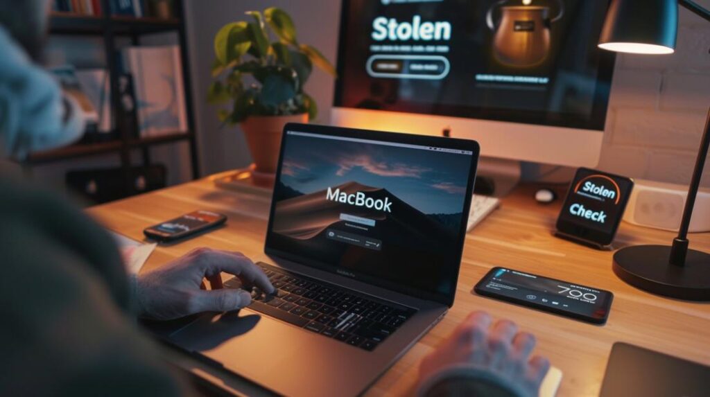 Persona che controlla il numero di serie di un MacBook Pro in un ufficio moderno.