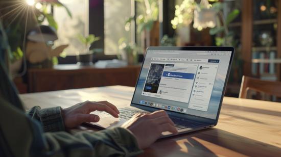Fotografia iperrealistica dell'installazione dell'app Facebook su MacBook Pro 2021, in un ambiente minimalista.