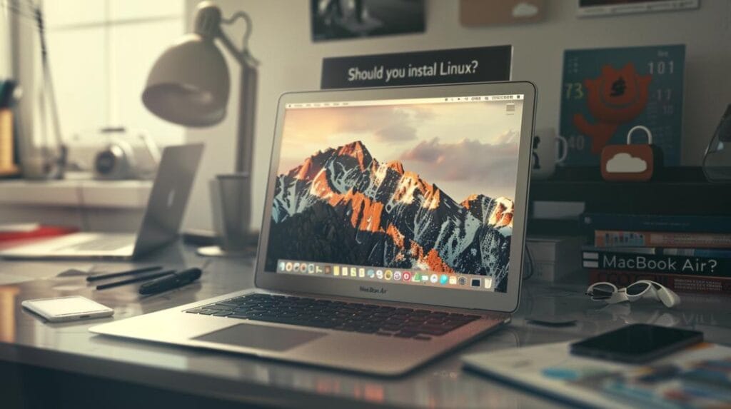 MacBook Air che mostra un desktop Linux personalizzato, circondato da manuali Linux, iPhone e AirPods.