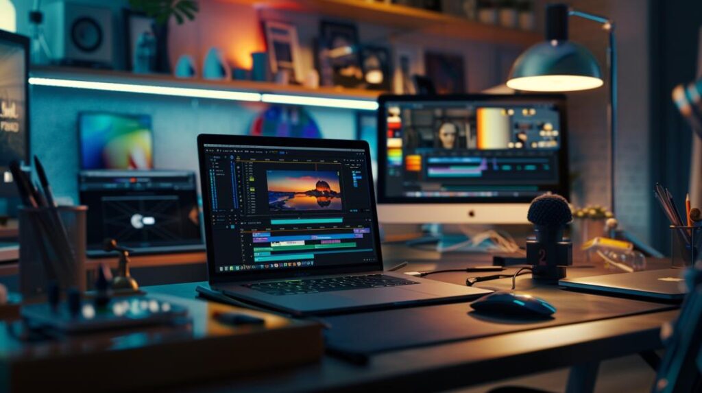 Fotografia iperrealistica del MacBook Pro M1 in uno studio moderno con strumenti di editing avanzati.