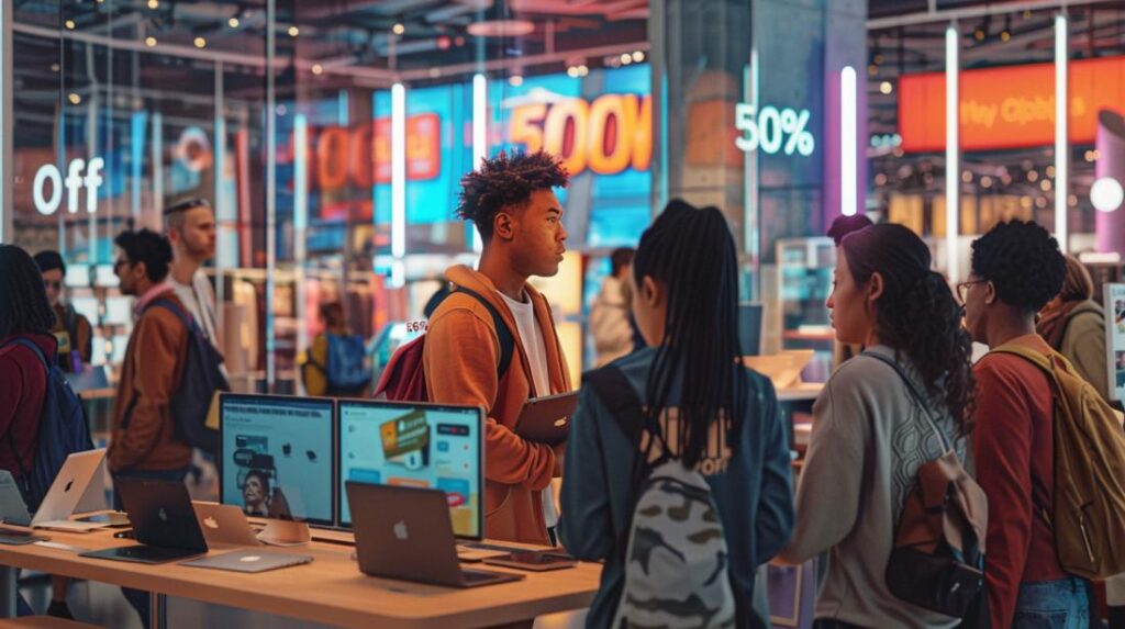 Fotografia iperrealistica di un vivace negozio di tecnologia con una promozione sui MacBook al 50% di sconto.