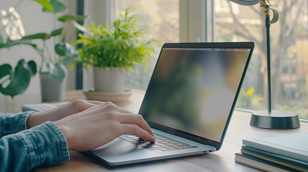 Utente che reimposta l’SMC di un MacBook Pro in un ufficio minimalista illuminato dalla luce naturale.