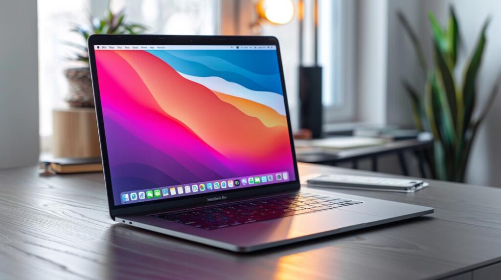 Fotografia iperrealistica di un MacBook su una scrivania minimalista, mentre acquisisce lo schermo intero con una scorciatoia da tastiera.