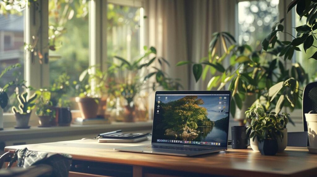 Fotografia iperrealistica di un utente concentrato su un MacBook in un home office minimalista e moderno.