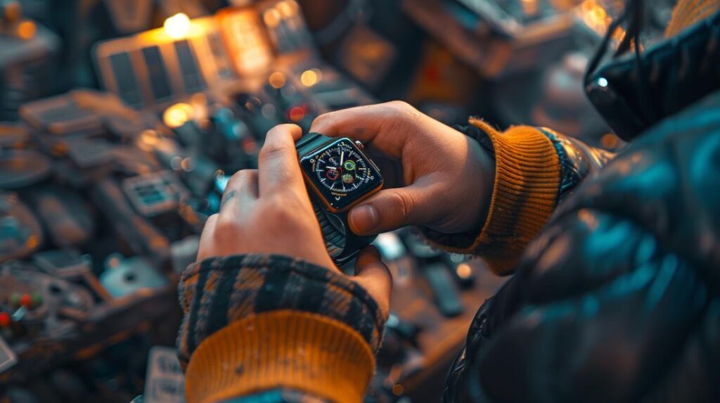Una persona esamina attentamente un Apple Watch usato in un moderno mercatino dell'usato.
