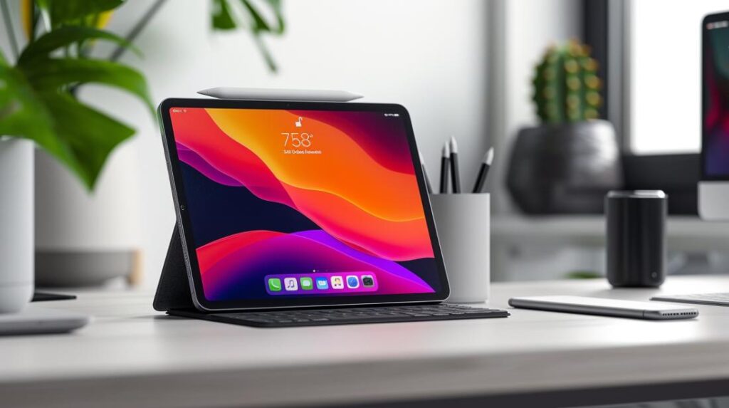 Fotografia iperrealistica dell’iPad A1822 su un tavolo minimalista con accessori Apple.